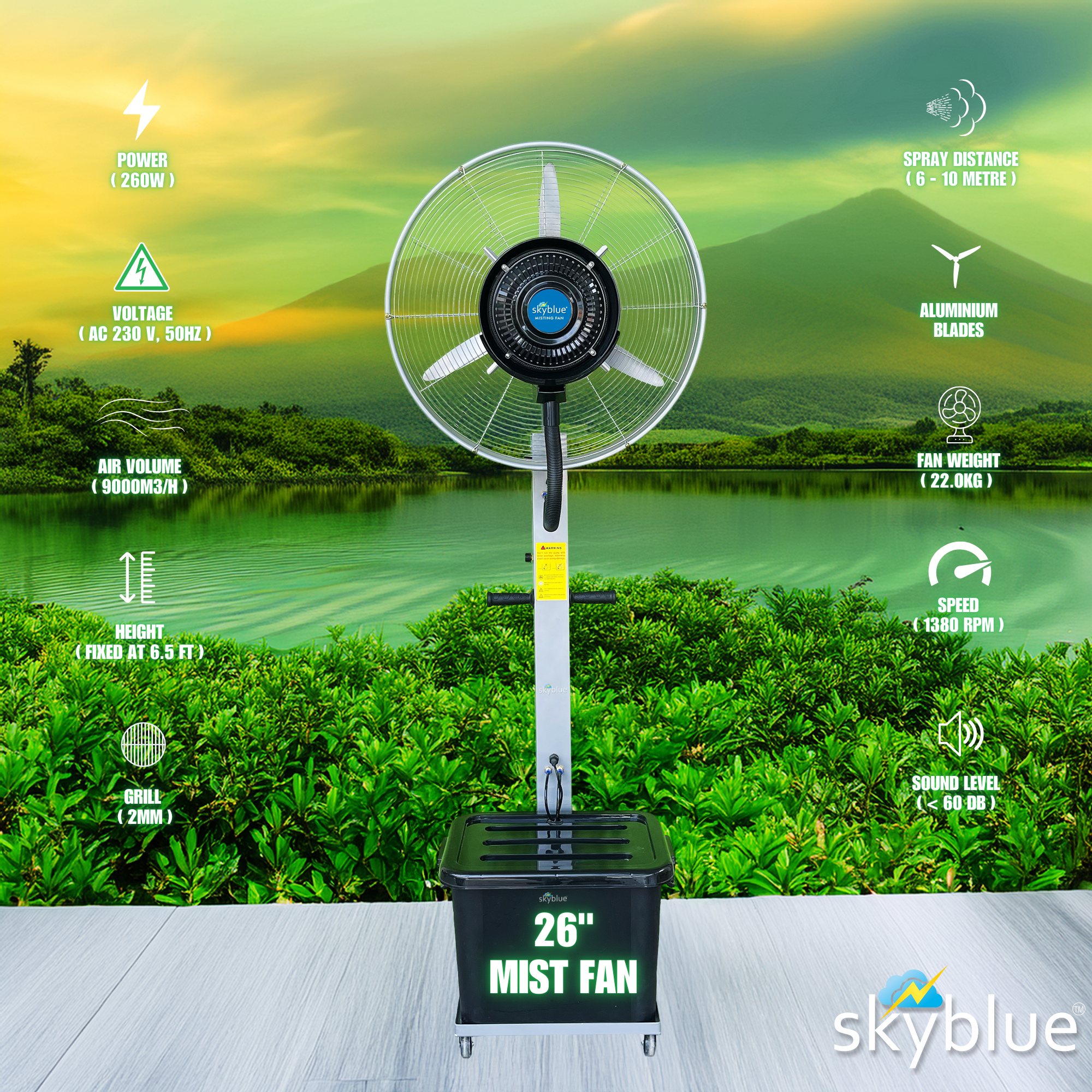 skyblue 26" MIST FAN Cooler Water Mist Fan Commercial/Domestic Big Spray Mist Fan 6.5 ft